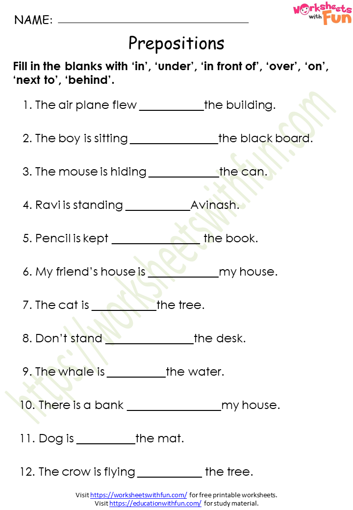 Preposition Worksheet For Grade 3 With Answers